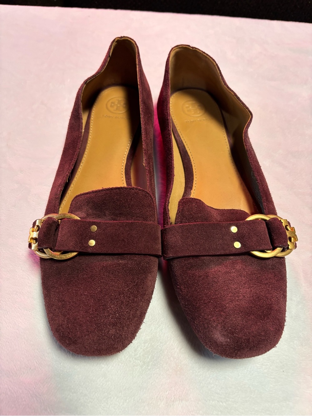 Tory Burch Marsden Burgundy Suede Loafers with Gold Buckle - Picture 8 of 8